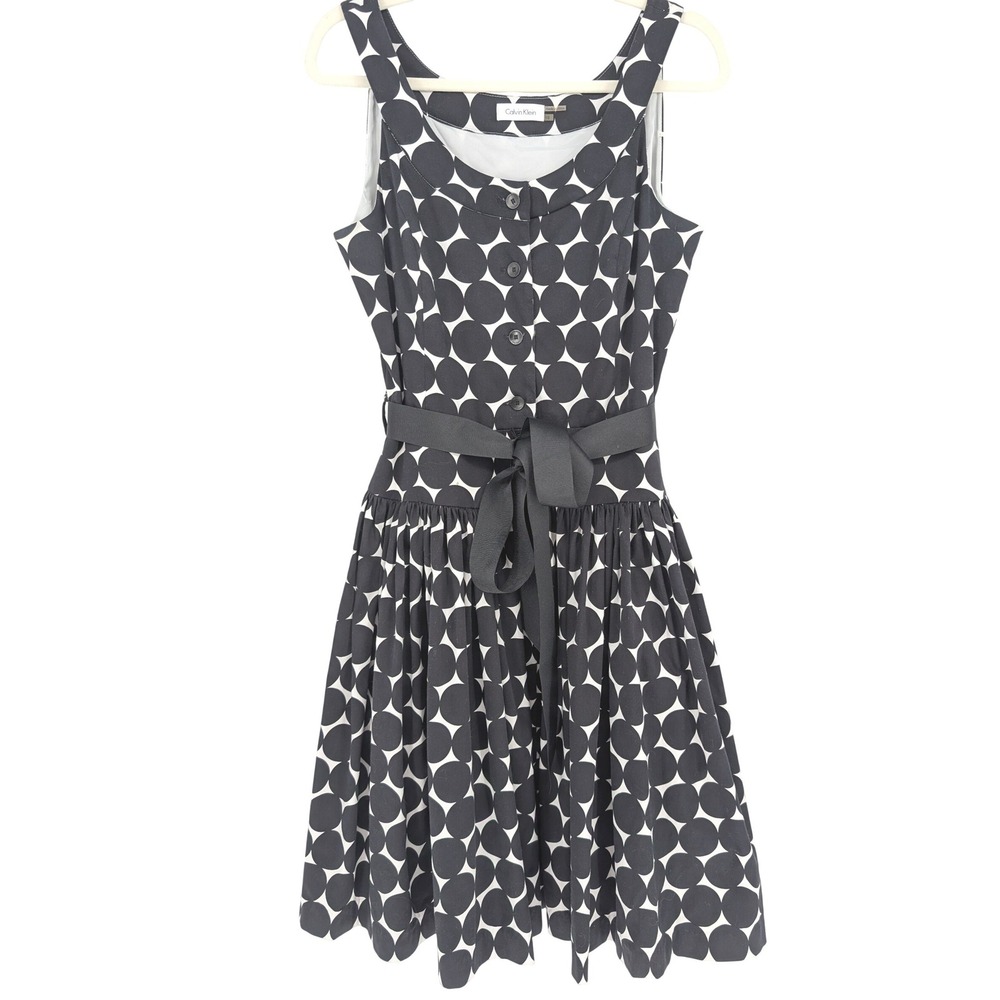 Calvin Klein Polka Dot Tank Dress 10 Black White Fit Flare Belted Retro Mod Twee